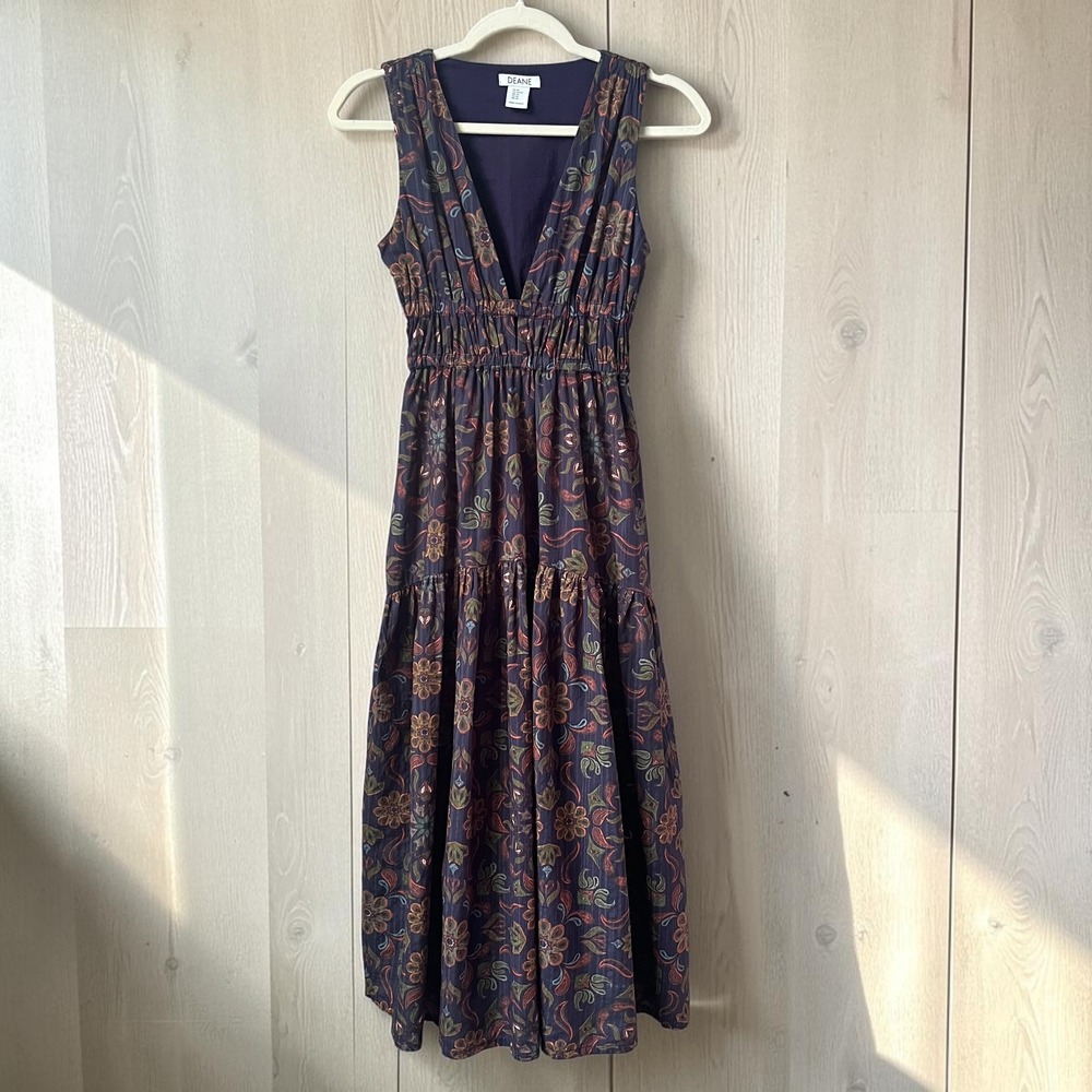 Deane Dress Women's XS Maxi Navy Blue Boho Smocking Tiered Summer Feminine Beach